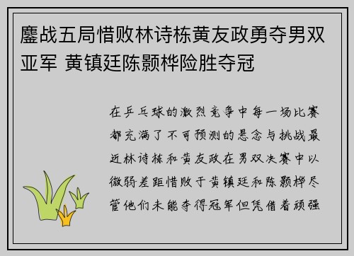 鏖战五局惜败林诗栋黄友政勇夺男双亚军 黄镇廷陈颢桦险胜夺冠