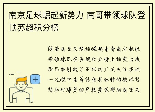 南京足球崛起新势力 南哥带领球队登顶苏超积分榜